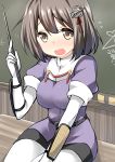  1girl absurdres ai_ai_gasa belt blush breasts brown_eyes brown_hair elbow_gloves gloves haguro_(kantai_collection) hair_ornament hairclip highres kantai_collection looking_at_viewer open_mouth pantyhose pointer ryuki_(ryukisukune) short_hair skirt solo white_gloves white_legwear 