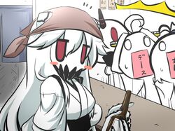  /\/\/\ 4girls ahoge aoba_(kantai_collection) blush_stickers bottle flat_gaze gomasamune hairband head_scarf horn kantai_collection kongou_(kantai_collection) midway_hime multiple_girls open_mouth red_eyes seaport_hime shinkaisei-kan translation_request 