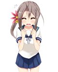  1girl akebono_(kantai_collection) akebono_(kantai_collection)_(cosplay) amano_kouki bell brown_hair closed_eyes flower flying_sweatdrops hair_flower hair_ornament highres kantai_collection long_hair open_mouth pleated_skirt school_uniform serafuku side_ponytail skirt solo zuihou_(kantai_collection) 