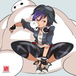  1girl baymax big_hero_6 black_hair breasts brown_eyes bubble_blowing bubblegum capri_pants cleavage disney fingerless_gloves gloves gogo_tomago headphones headphones_around_neck highlights lips multicolored_hair oyoyo_(yoyoichi) pants purple_hair robot shoes short_hair sitting sneakers solo_focus spandex spread_legs wristband 