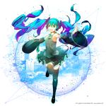  1girl aqaqico aqua_eyes aqua_hair blue_hair boots detached_sleeves floating_hair hatsune_miku headset long_hair necktie open_mouth outstretched_arms skirt solo spread_arms thigh-highs thigh_boots twintails very_long_hair vocaloid 