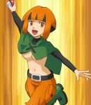  1girl belt boots breasts gym_leader lowres midriff natane_(pokemon) navel orange_eyes orange_hair poke_ball pokemoa pokemon pokemon_(anime) short_hair shorts solo under_boob 