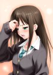  1girl blush brown_hair cardigan earrings embarrassed flying_sweatdrops green_eyes idolmaster idolmaster_cinderella_girls jewelry long_hair necklace necktie open_clothes open_shirt payot school_uniform shibuya_rin solo zen 