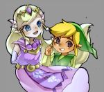  1boy 1girl arms_behind_back blonde_hair blue_eyes elbow_gloves eyebrows forehead_jewel ghost gloves hair_ornament link long_dress neaze pointy_ears princess_zelda spirit_tracks the_legend_of_zelda thick_eyebrows tiara toon_link triforce white_gloves 