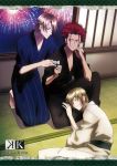  3boys absurdres alcohol angry black_eyes blonde_hair bottle brown_hair earrings highres japanese_clothes jewelry k_(anime) kimono kusanagi_izumo lap_pillow multiple_boys night red_eyes redhead sake sake_bottle scan short_hair sky suou_mikoto_(k) totsuka_tatara 