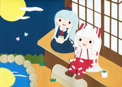  2girls blue_hair bow butterfly cup fujiwara_no_mokou full_moon hair_bow hat kamishirasawa_keine long_hair moon multiple_girls paper_(medium) pond porch poru_(tohopunk) reflection silver_hair suspenders teacup touhou 