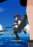  3girls akatsuki_(kantai_collection) anchor black_eyes black_hair clouds cloudy_sky commentary_request faceless faceless_female flat_cap hair_ornament hat highres kantai_collection long_hair machinery multiple_girls ocean open_mouth pantyhose pink_hair pleated_skirt sazanami_(kantai_collection) school_uniform serafuku short_twintails skirt sky torpedo twintails usui_harusame walking walking_on_water 
