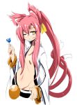  1girl animal_ears bell belt blazblue candy cat_ears cat_tail flat_chest glasses grin hand_on_belt highres kaname_nagi kokonoe lollipop long_hair long_sleeves looking_down lowleg lowleg_pants mound_of_venus multiple_tails navel one_eye_closed pants payot pince-nez pink_hair sketch slit_pupils smile solo tail very_long_hair wide_sleeves yellow_eyes 