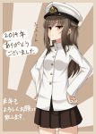  1girl 2014 bangs blunt_bangs brown_eyes brown_hair brown_skirt female_admiral_(kantai_collection) hair_bobbles hair_ornament hands_on_hips hat highres kantai_collection long_hair looking_at_viewer military military_hat military_uniform naval_uniform peaked_cap pleated_skirt rabochicken skirt smile solo uniform 