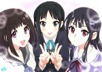  3girls akiyama_mio black_eyes black_hair chitanda_eru company_connection crossover highres hori_shin hyouka k-on! kyoto_animation kyoukai_no_kanata multiple_girls nase_mitsuki red_eyes school_uniform serafuku trait_connection violet_eyes 