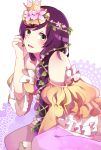  1girl adjusting_hair bare_shoulders crown detached_sleeves flower frills green_eyes long_hair looking_at_viewer love_live!_school_idol_project open_mouth purple_hair solo tagme thigh-highs toujou_nozomi 