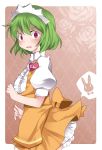  1girl anna_miller apron blouse blush commentary_request green_hair hammer_(sunset_beach) kazami_yuuka looking_at_viewer name_tag open_mouth orange_skirt puffy_sleeves red_eyes short_hair short_sleeves skirt solo touhou waitress 