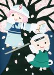  2girls cherry_blossoms cherry_trees fan hairband hat japanese_clothes katana konpaku_youmu konpaku_youmu_(ghost) multiple_girls paper_(medium) pink_hair poru_(tohopunk) saigyouji_yuyuko short_hair sword touhou triangular_headpiece weapon white_hair 