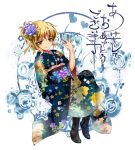  1girl alice_margatroid alphes_(style) alternate_costume alternate_hairstyle blonde_hair boots flower hair_flower hair_ornament happy_new_year japanese_clothes kimono maguroido new_year parody solo style_parody touhou translated yellow_eyes 