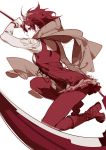  1girl asukaziye boots cape red_eyes red_legwear redhead rooster_teeth ruby_rose rwby scarf scythe short_hair side_glance sketch solo 