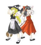  2girls adjusting_clothes adjusting_hat apron ascot back-to-back bare_shoulders black_hair blonde_hair blouse bow braid broom detached_sleeves expressionless full_body gohei hair_bow hair_tubes hakurei_reimu hat hat_bow highres hinagami kirisame_marisa long_hair multiple_girls nontraditional_miko ofuda red_eyes sarashi shoes side_braid skirt socks standing touhou turtleneck vest violet_eyes white_background wide_sleeves witch_hat 