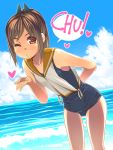  1girl arm_behind_back blown_kiss brown_eyes brown_hair clouds dutch_angle heart i-401_(kantai_collection) kantai_collection one-piece_swimsuit one_eye_closed payot shiden-raiden sky solo swimsuit water 