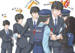  1girl 3boys bag black_hair business_card female formal glasses idolmaster idolmaster_cinderella_girls jack_(slaintheva) male multiple_boys necktie police police_uniform producer_(idolmaster_cinderella_girls) school_bag school_uniform shibuya_rin suit uniform 