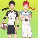  2boys akaashi_keiji akashi_seijuurou basketball_uniform black_eyes black_hair crossover haikyuu!! kuroko_no_basuke multiple_boys namesake red_eyes redhead rod_(rod4817) sportswear volleyball volleyball_uniform 