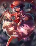  1girl ascot bat bat_wings blue_hair brooch dress hat hat_removed headwear_removed highres hizagawa_rau jewelry mob_cap pink_dress puffy_short_sleeves puffy_sleeves red_eyes remilia_scarlet sash short_sleeves solo touhou wings wrist_cuffs 