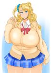  1girl absurdres blonde_hair blue_eyes breasts gyaru-ko highres huge_breasts long_hair looking_at_viewer morisoba_(silent_hill) oshiete!_gyaru-ko-chan plaid plaid_skirt school_uniform skirt solo sweater thighs 