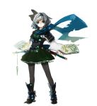  1girl adapted_costume aqua_eyes boots expressionless full_body hairband katana konpaku_youmu looking_at_viewer scarf short_hair silver_hair sketch skirt solo standing sword thigh-highs tlman touhou weapon white_background wide_sleeves 
