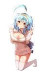  1girl ahoge bba1985 blue_hair breasts character_request cleavage cleavage_cutout hairband highres kneeling long_hair looking_at_viewer open-chest_sweater pokemon pokemon_(game) simple_background smile solo sweater thigh-highs twintails v white_background white_legwear 