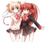  blonde_hair brown_hair green_eyes hair_ribbon kamikita_komari karasumi_(aiseec) little_busters!! long_hair natsume_rin ponytail red_eyes ribbon school_uniform short_hair twintails 