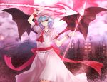  1girl arm_above_head ascot bat_wings blue_hair bridge brooch cityscape dual_wielding fog full_moon hat hat_ribbon highres jewelry mob_cap moon puffy_short_sleeves puffy_sleeves red_eyes red_moon remilia_scarlet ribbon sash short_hair short_sleeves skirt skirt_set solo spear_the_gungnir stone_lantern touhou tsurime wings wrist_cuffs zeramu 