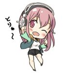  1girl blush breasts chibi headphones long_hair looking_at_viewer minoa_(lastswallow) nitroplus one_eye_closed open_mouth pink_eyes pink_hair smile solo super_sonico 