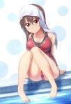  1girl brown_hair competition_swimsuit highres long_hair one-piece_swimsuit original poolside red_eyes sitting swimsuit takuya_kame 