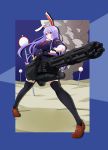  1girl absurdres animal_ears bandaid_on_face blazer blue_background breasts collared_shirt fingerless_gloves foreshortening full_body gloves gun highres hinagami lavender_hair long_hair looking_at_viewer minigun necktie rabbit_ears red_eyes reisen_udongein_inaba road_sign shoes sign skirt sleeves_rolled_up smoke solo standing thigh-highs touhou tsurime weapon 