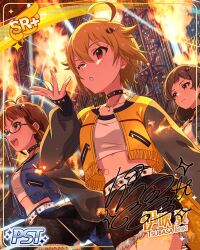 3girls ahoge belt blowing_kiss brown_hair chain character_name character_request choker denim_skirt fire from_below hair_ornament hairclip hand_up ibuki_tsubasa idolmaster_million_live!_theater_days letterman_jacket long_sleeves looking_to_the_side midriff navel official_art one_eye_closed pink_eyes short_hair signature wink