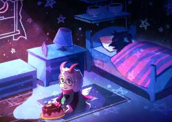 1boy 1other absurdres bed bedroom blanket blue_skin blue_theme cake colored_skin commentary_request deltarune drawer food goat_boy green-framed_eyewear highres indoors lamp picture_frame pink_scarf ralsei rug scarf shelf sleeping star_(symbol) under_covers utdr_(toby_fox) watawata22 white_fur