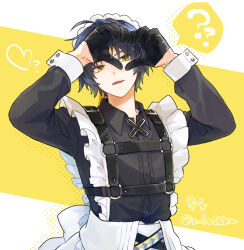  1boy ? ?? absurdres apron asaba_harumasa black_dress black_gloves black_hair commentary_request crossdressing crossdressing_(mtf) dated dress enmaided gloves hands_up heart heart_hands highres maid maid_headdress male_focus male_maid narai_kurozu open_mouth short_hair solo spoken_question_mark upper_body waist_apron white_apron yellow_background yellow_eyes zenless_zone_zero 