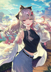  1girl :d bare_shoulders belt black_belt black_ribbon black_shirt blue_pants blue_sky blue_streaks breasts clouds cloudy_sky crop_top ear_piercing earrings evening floating_hair gradient_hair grey_eyes grey_hair hair_ornament hair_ribbon hairclip heterochromia high_ponytail highres ishigami_nozomi jacket jacket_partially_removed jewelry lake lens_flare long_hair looking_at_viewer medium_breasts midriff_peek multicolored_hair nail_polish nijisanji off_shoulder official_alternate_costume official_art okuma_mai open_mouth outdoors pants piercing ponytail red_eyes red_nails red_streaks ribbon second-party_source see-through_clothes see-through_jacket shirt sky sleeveless sleeveless_shirt sleeves_past_wrists smile solo spiked_ear_piercing streaked_hair virtual_youtuber white_jacket 