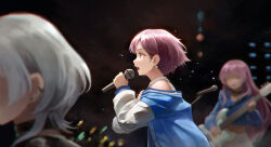  3girls absurdres bang_dream! bang_dream!_it's_mygo!!!!! black_choker blue_jacket bobadd brown_eyes chihaya_anon chinese_commentary choker commentary_request crop_top detached_sleeves ear_piercing earrings electric_guitar guitar highres instrument jacket jewelry kaname_raana light_particles long_hair multiple_girls open_mouth piercing pink_hair shirt short_hair takamatsu_tomori white_hair white_shirt 