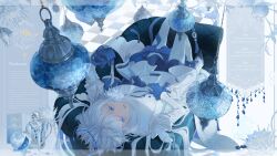  1girl androgynous blue_eyes blue_gloves blue_theme checkered_floor colored_eyelashes couch dress flower foreshortening gloves highres long_hair looking_at_viewer lying on_back on_couch original perspective shorts solo tfluki white_dress white_eyelashes white_flower white_hair 