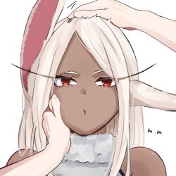  1girl 1other :o animal_ears artist_name bare_shoulders boku_no_hero_academia cheek_pinching commentary_request dark-skinned_female dark_skin droopy_ears floppy_ears fur_collar fur_trim hands_on_another's_face headpat highres long_eyelashes looking_at_viewer meme mirko mmsb_551 orange_eyes out_of_frame pinching rabbit_ears rabbit_girl red_eyes simple_background turtleneck white_background white_hair 
