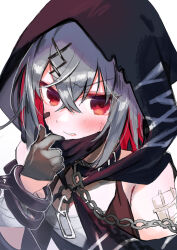  1girl absurdres bandaged_arm bandages bandaid bandaid_on_face bare_shoulders belt_collar black_choker black_dress black_gloves black_hood black_mask black_tank_top chain chest_sarashi choker collar colored_inner_hair commentary_request crossed_bangs cuffs dress gauze_on_arm glaring gloves grey_hair hair_between_eyes hair_ornament highres looking_at_viewer mahou_shoujo_no_majo_saiban mask mask_pull mouth_mask multicolored_hair portrait red_eyes red_hair sarashi shackles shinomiya_shino_(sinosino141) shito_alisa short_hair simple_background solo stitched_face stitches tank_top white_background x_hair_ornament 