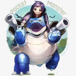  1boy blastoise breakblack bright_pupils brown_eyes claws dated full_body long_sleeves looking_ahead open_mouth pokemon pokemon_(creature) purple_hair riding riding_pokemon running shoes short_hair sneakers white_pupils 