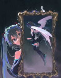  1girl absurdres ahoge angel_wings aqua_eyes aqua_hair black_skirt black_sleeves black_thighhighs colored_shoe_soles commentary detached_sleeves feathers haitang hatsune_miku highres pleated_skirt portrait_(object) shirt shoe_soles shoes skirt solo thigh-highs twintails vocaloid watermark weibo_username weibo_watermark white_shirt wings 