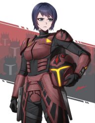  1girl armor black_bodysuit black_hair blue_eyes bodysuit breasts eyeshadow frown gun handgun helmet lipstick makeup mandalorian medium_breasts pauldrons rook_kast science_fiction short_hair shoulder_armor signature star_wars star_wars:_maul_-_shadow_lord star_wars:_the_clone_wars_(2008_tv_series) unworn_headwear unworn_helmet weapon zxpfer 
