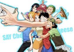  0_dy_o 2girls 5boys black_hair commentary cross green_hair green_shirt hat highres jolly_roger long_nose monkey_d._luffy multiple_boys multiple_girls nami_(one_piece) nico_robin one_piece orange_hair orange_skirt pink_hat red_shirt roronoa_zoro sanji_(one_piece) sash shirt short_hair skirt smile straw_hat_pirates straw_hats_jolly_roger taking_picture tony_tony_chopper usopp white_sash 