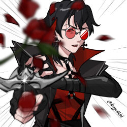  1girl black_hair black_lips choker coat collar commentary crossbow demoncursed_vayne desagreablelol earrings fingerless_gloves flower glasses gloves hair_between_eyes highres jewelry league_of_legends lips looking_at_viewer petals red-tinted_eyewear red_eyes red_flower red_rose red_shirt rose round_eyewear shirt signature simple_background tinted_eyewear untranslatable_commentary vayne_(league) weapon wolf_cut 
