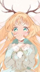  1girl animal_ears antlers blonde_hair blue_choker blue_dress blue_eyes blue_hair blush brown_horns choker colored_inner_hair commentary_request dress floppy_ears gloves highres horns jackalope_girl lace-trimmed_choker lace_trim long_hair long_sleeves looking_at_viewer multicolored_hair nanashi_inc. rabbit_ears rem32354457rem solo tsukinoki_tirol upper_body virtual_youtuber white_background white_gloves 