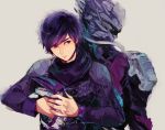  2boys armor back-to-back bust chain chase_(kamen_rider_drive) dual_persona gun jacket kamen_rider kamen_rider_drive_(series) long_sleeves male mashin_chaser multiple_boys purple_hair scarf short_hair tyaina18 violet_eyes weapon 