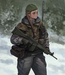  1girl bag battle_rifle beret black_gloves blurry blurry_background braid brown_hair brown_jacket camouflage closed_mouth gloves green_eyes green_hat grey_bag grey_jacket grey_pants gun h&amp;k_g3 hair_over_shoulder hat holding holding_gun holding_weapon hood hood_down hooded_jacket jacket load-bearing_equipment long_sleeves looking_to_the_side military military_combat_uniform military_hat military_uniform original pants rifle serious shoulder_bag single_braid soldier solo standing third-party_source trigger_discipline walkie-talkie weapon wlfltksanfgksk woodland_camouflage 