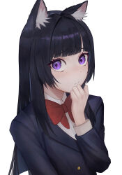  1girl absurdres animal_ear_fluff animal_ears black_hair black_jacket blue_eyes blunt_bangs bow bowtie cat_ears cat_girl closed_mouth collared_shirt commentary_request hand_up highres hime_cut jacket jikaki_neko_(yani_neko) light_blush long_hair long_sleeves nervous red_bow red_bowtie shirt sidelocks simple_background solo sora_(user_zytm7343) sweat symbol-shaped_pupils wavy_mouth white_background white_shirt yani_neko 