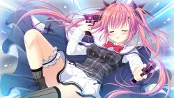  1girl black_bow black_thighhighs bow bowtie buttons cape closed_eyes da_capo da_capo_iv double-breasted dress_shirt dutch_angle floating_cape game_asset grey_vest gun hair_bow hair_ornament highres holding holding_gun holding_weapon knee_up long_hair long_sleeves miniskirt multiple_hair_bows non-web_source parted_lips pink_hair plaid_clothes plaid_vest pleated_skirt red_bow red_bowtie sailor_collar school_uniform self-datamine shirakawa_hiyori shirt single_thighhigh skirt solo striped_clothes striped_thighhighs takano_yuki_(allegro_mistic) thigh-highs thigh_strap twintails vertical-striped_clothes vertical-striped_thighhighs vest weapon white_cape white_sailor_collar white_shirt white_skirt 